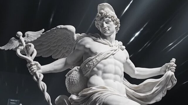 Detailed white marble statue of the Greek god Hermes holding a caduceus staff. Majestic sculpture of a classical divinity. Historical mythology and fine art appreciation concept 