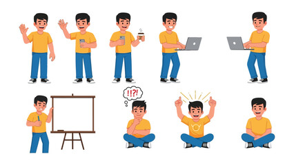Fototapeta premium Versatile Young Man in Action: A collection of illustrations showcasing a dynamic young man in various poses and activities, perfect for illustrating a range of concepts and scenarios.