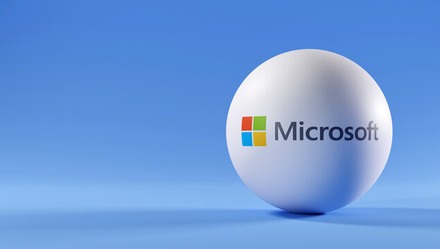 Microsoft Logo on Glowing Sphere, Blue Orb Brand Closeup, Windows Tech Giant Display