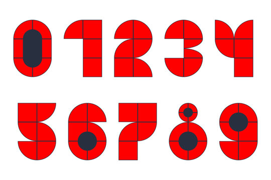Red Numbers Made from Blocks set. 0-9 Number vector illustration