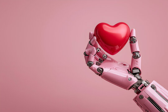Pink robot hand extending a glossy red heart demonstrating artificial intelligence with empathy, love, connection, and futuristic human-robot interaction on a simple pastel background
