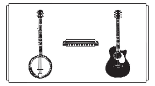Banjo Guitar Harmonica Instruments Isolated On White For Music Concepts