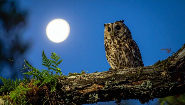 Majestic Owl Perched on Branch Under the Glow of the Moon.