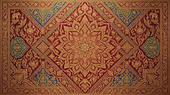 Traditional thai pattern featuring intricate gold and red ornate motifs and cultural symbols, perfect as vibrant decorative background texture for any festive occasion.