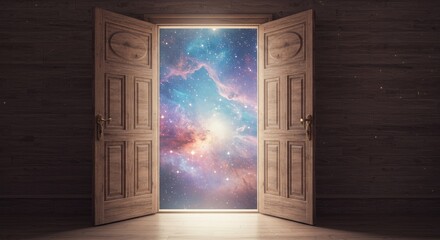Open doorway revealing colorful nebula in space surreal dreamlike concept
