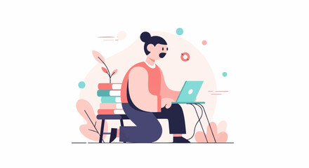Fototapeta premium Person learning online with laptop and stack of books
