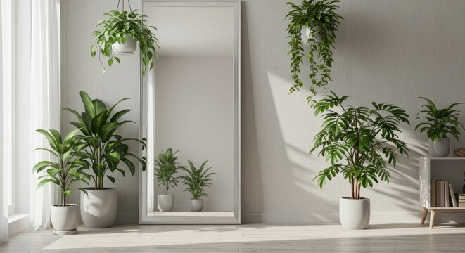 Indoor plants and mirror arrangement in bright room for design and decor