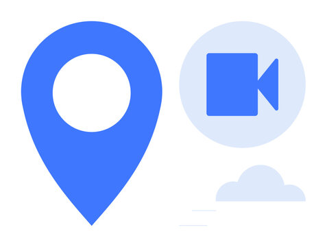 Navigation, video communication, cloud storage, online mapping, virtual connectivity, digital services. Blue location marker, video camera icon and cloud illustration. Navigation and video