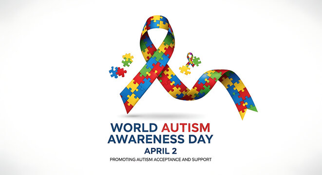 3d rainbow puzzle-piece ribbon curves upward behind the text &ldquo;WORLD AUTISM AWARENESS APRIL 2,&rdquo; on a clean light background