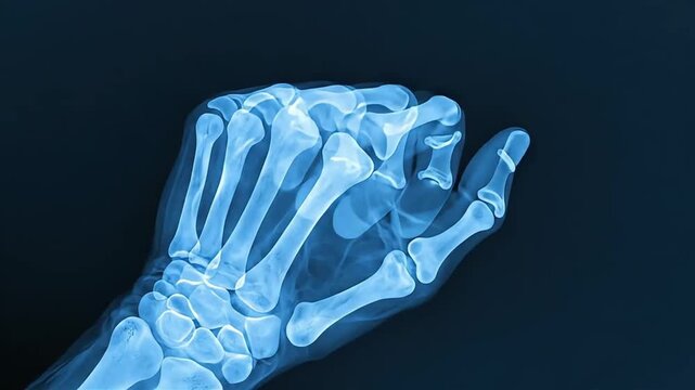 X-ray of human hand bones, medical imaging for diagnosis and treatment.