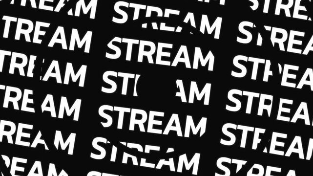 Concentric circles rotate in opposite directions displaying the word stream repeated along circular paths surrounding a center space with continuous word movement.