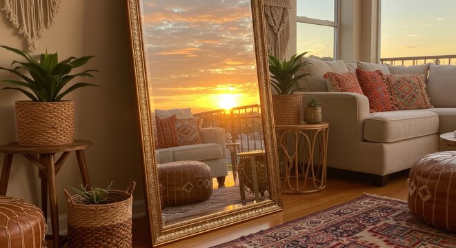Living room interior with mirror reflecting sunset at dusk