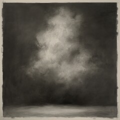 Monochrome artwork depicting a luminous cloud-like shape against a dark, textured backdrop