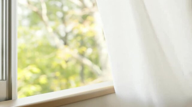 Wind curtains blown door window garden. open window swaying wind curtain living room summer morning sunshine. close up window into bedroom. fresh spring forest greenery view