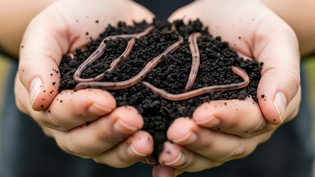 A person cradles a handful of dark brown soil with several long, thin, brown earthworms