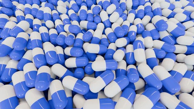 Pillole e produzione farmaceutica, rendering 3d video.