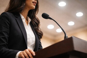 Woman speaker at podium in formal setting, business or conference theme © dvoevnore