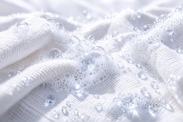 White fabric with soap bubbles and foam, close-up of washing concept © dvoevnore