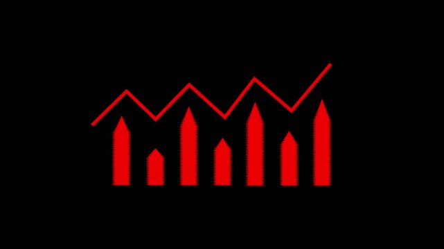 Red line graph with bar chart on dark animated data background. Red line graph statistics analysis concept. Red line graph financial data visualization.
