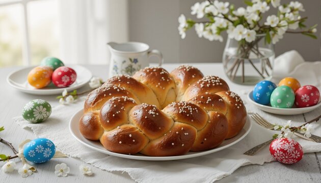 Traditional greek easter bread tsoureki with colorful eggs on a festive spring table.
