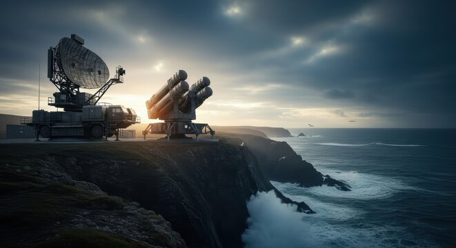 Military radar and missile launcher on coastal cliff at sunset