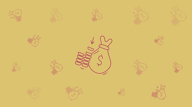 Finance doodle illustration with money bags, coin stacks, and finance symbols suitable for financial presentations, websites, publications, and educational materials.