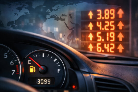 Fuel gauge showing low level amid high gas prices and economic crisis