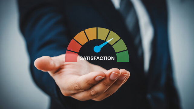 A man showing a satisfaction meter in his hand