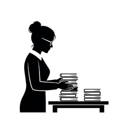 Silhouette of woman with glasses stacking books on a table.