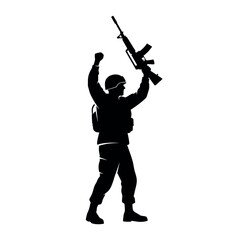 Soldier silhouette celebrating victory with rifle raised.