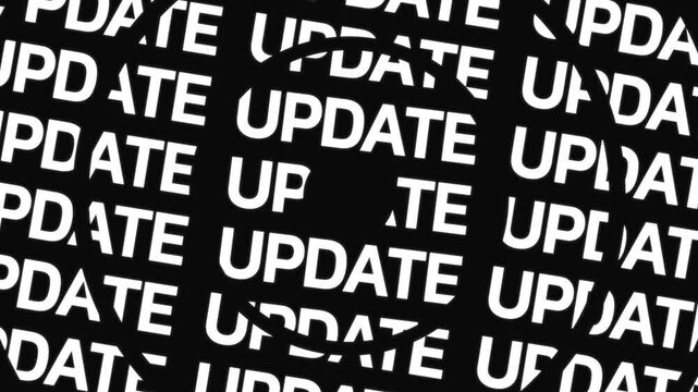 Concentric circles rotate in opposite directions displaying the word update repeated along circular paths surrounding a center space with continuous word movement.
