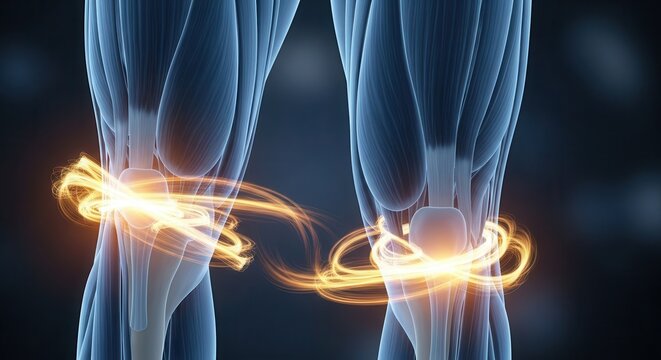 Detailed 3D rendering of human knee joints with glowing golden energy rings, symbolizing health, strength, and mobility in a scientific context.