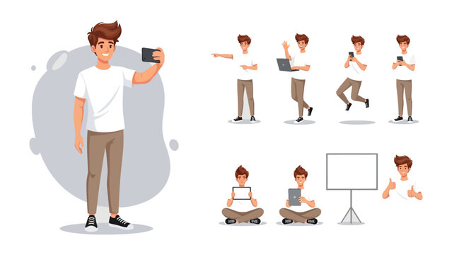 Man in Various Poses: A vector illustration depicts a man in diverse poses, using a laptop, smartphone, and other tech devices. Capturing the versatility of modern communication and technology usage.