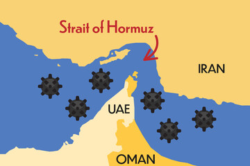 Fototapeta premium Strait of Hormuz map with sea mine icon. Danger in region. Iran,israel and USA conflict.