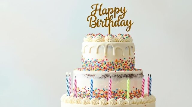 A three-tiered white birthday cake with colorful sprinkles and lit candles
