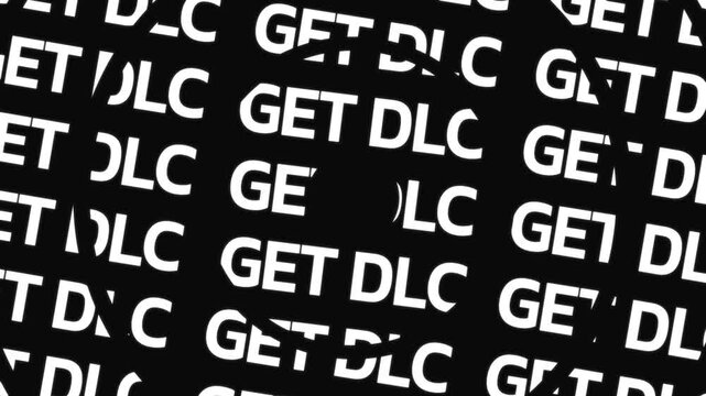 Concentric circular forms rotate in opposite directions displaying the phrase get dlc around a center space with continuous word motion in circular typography structure.