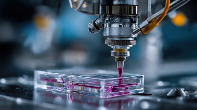 A precise 3D bioprinter nozzle deposits purple biomaterial into a transparent rectangular mold, showcasing advanced tissue engineering technology.
