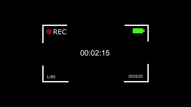 Video camera recording interface with REC symbol and battery indicator animation. Video camera recording interface filmmaking concept. Video camera recording screen visual.