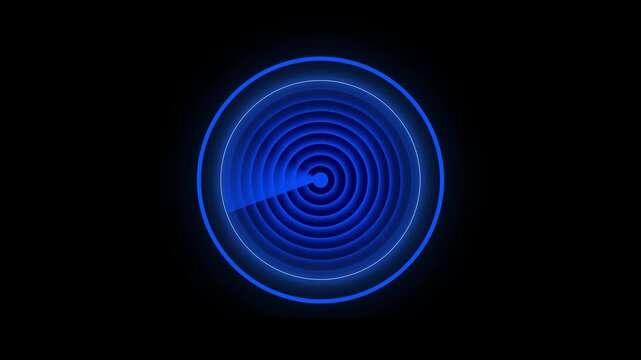 Abstract blue radar scan animation with concentric rings and glowing sweep. Abstract blue radar scan technology concept. Abstract blue radar scan interface visual.