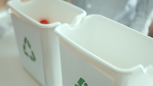  Man sorting plastic bottles and paper waste into recycling bins at home kitchen, 4K 10-bit.