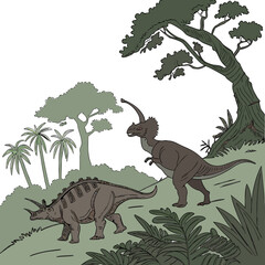 A triceratops and a tyrannosaurus rex in a prehistoric forest © Shahin