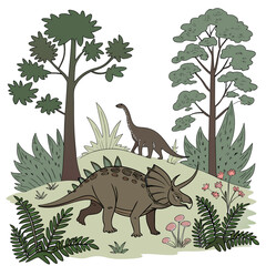 A triceratops and a long-necked dinosaur in a prehistoric forest © Shahin