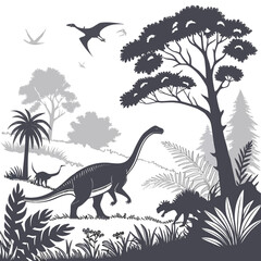 A group of dinosaurs and pterodactyls in a prehistoric forest © Shahin