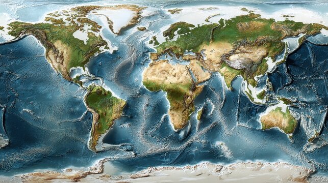 Detailed 3D relief map of Earth continents and ocean floor