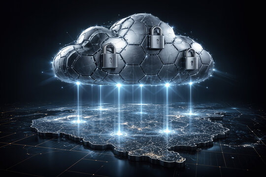 Sovereign cloud infrastructure made of interlocked silver hexagonal plates with brushed steel padlocks hovering over a secure geographic map representing data sovereignty and enterprise IT control