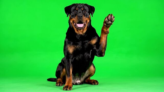 Happy Rottweiler dog sitting and waving its paw against a bright green screen background, an adorable canine companion