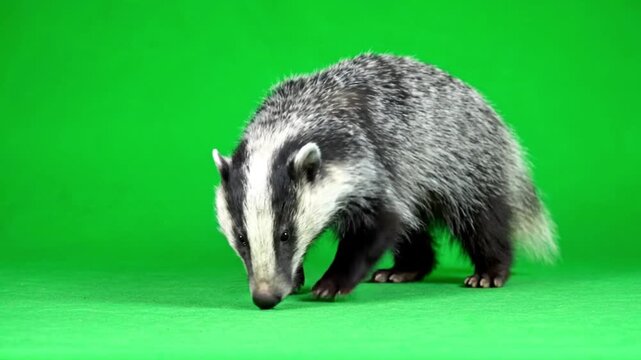 A striped badger with black and white markings cautiously walks on a plain green backdrop, isolated for studio photography
