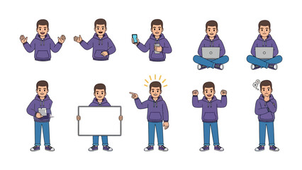 Fototapeta premium Person's Illustration in Various Gestures: A set of illustrations depicts a single person in a variety of poses and actions, showcasing different emotions and activities. 