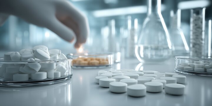 Pharmaceutical tablets and capsules in laboratory environment, showcasing modern drug research, quality control, and medical manufacturing innovation.