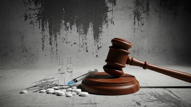 A gavel rests on a sound block beside scattered pills, a syringe, and two small vials on a worn surface
